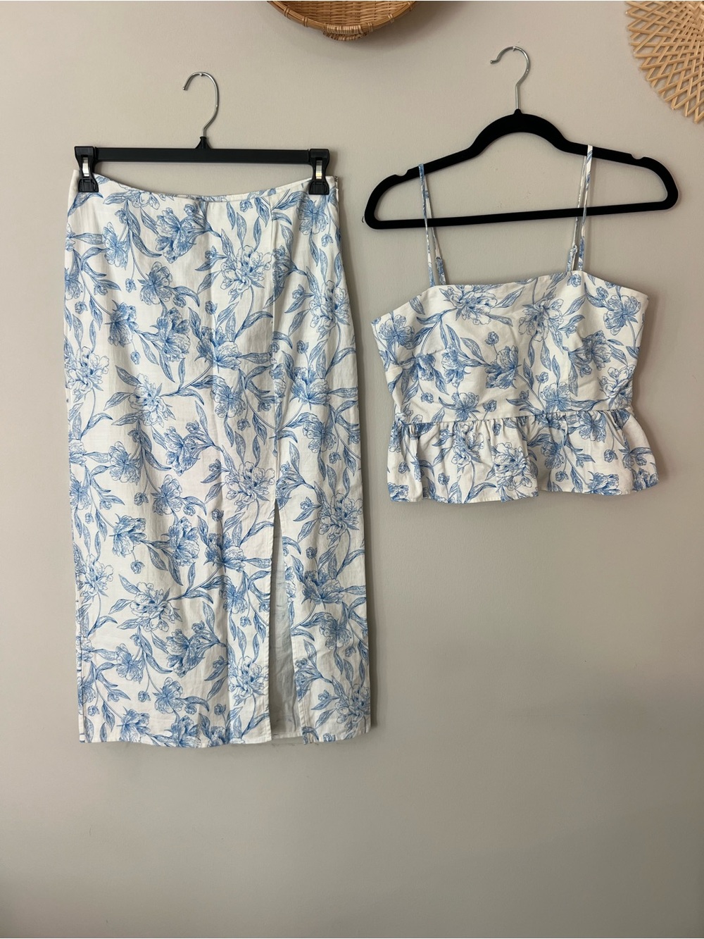 Blue Floral Print Midi Skirt & Top Set